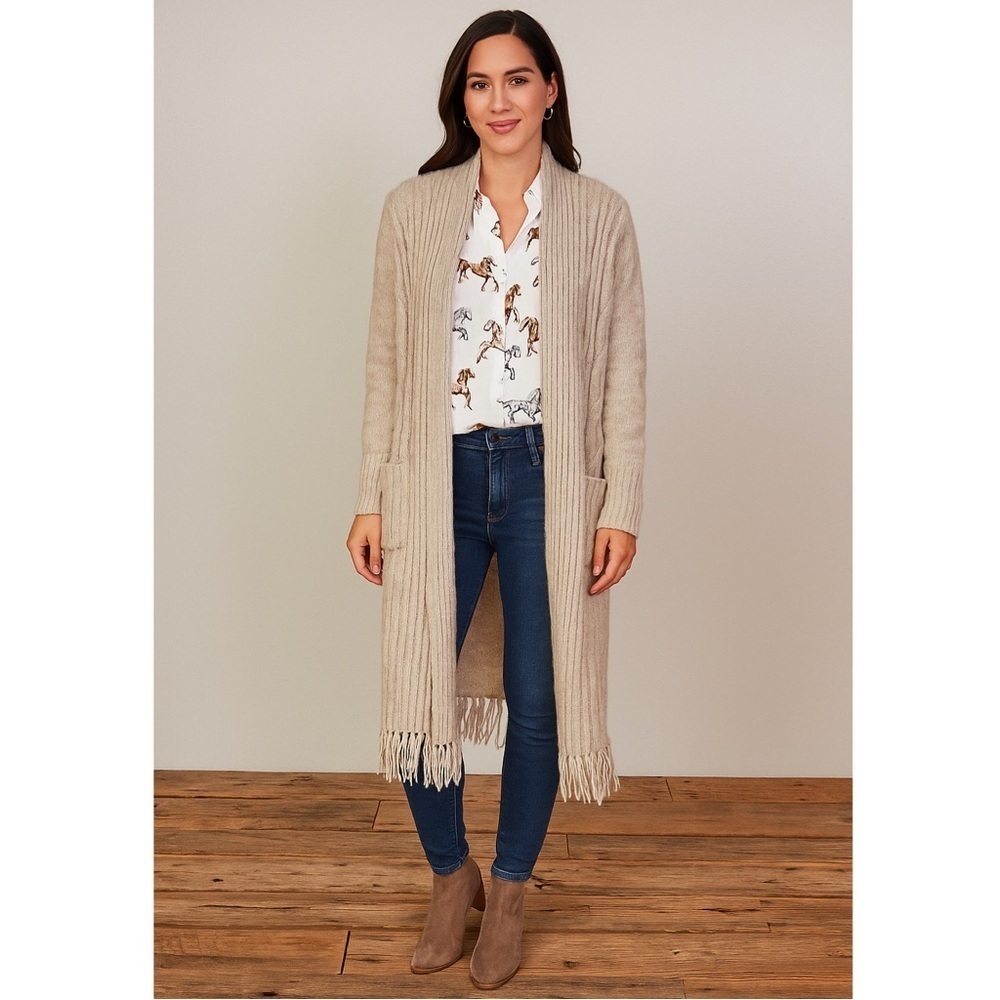 NWT Cupcakes & Cashmere Tan Duster Cable Knit Fringe Hem Cardigan Sweater